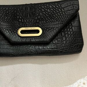 Jimmy Choo Black Croc-Embossed Wristlet with Gold Accent